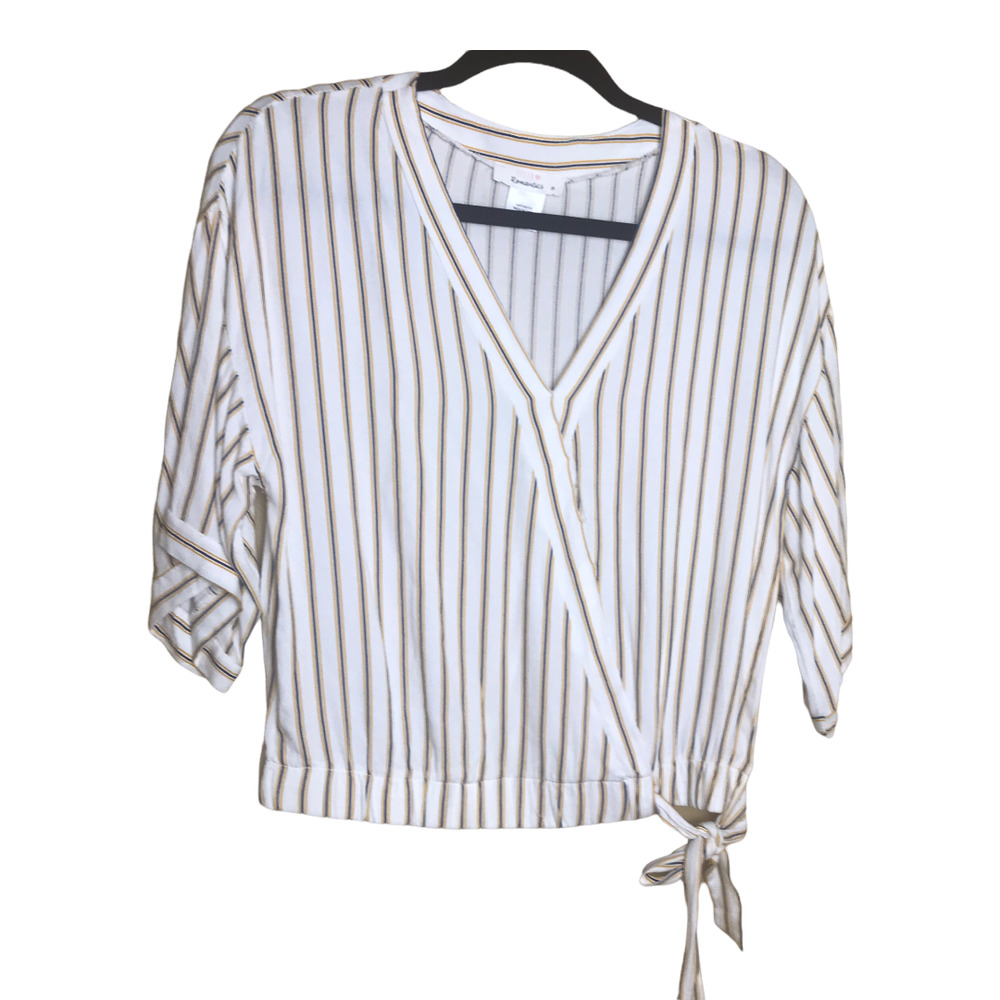 Urban Romantics Shirt‎ Womens Medium Cream Yellow Striped Surplice V Neckline